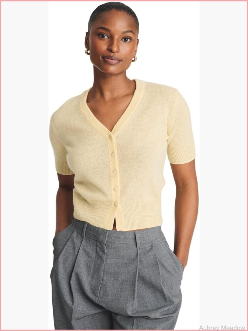 Lightweight Cashmere Short Sleeve Cardigan - V-Neck Button Front